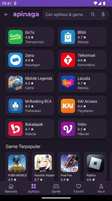 Tampilan katalog aplikasi apinaga