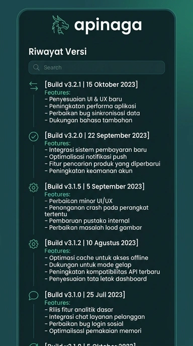 Tampilan riwayat versi apinaga